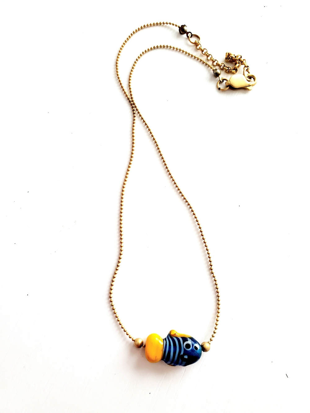 Handcrafted Yellow & Blue Glass Fish Bead Necklace on Gold-Tone Chain